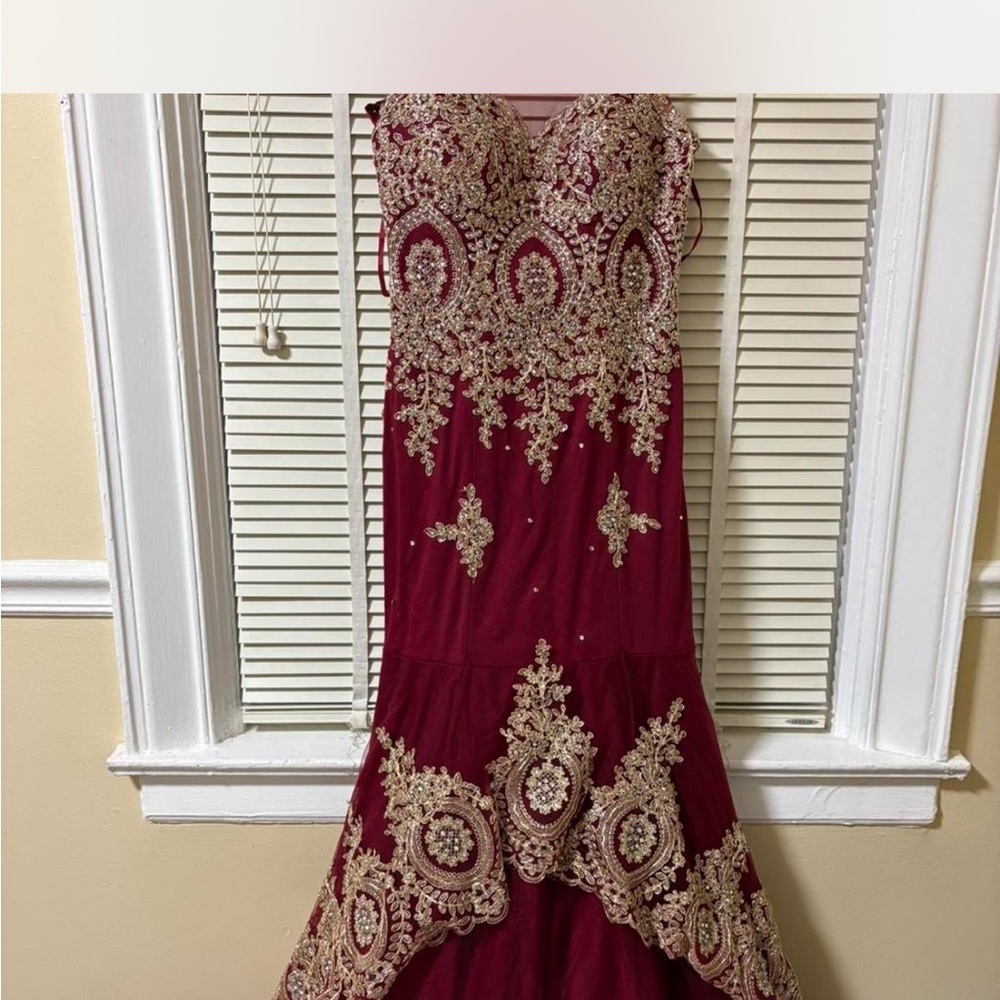 Elegant Burgundy and Gold Embellished Dress
